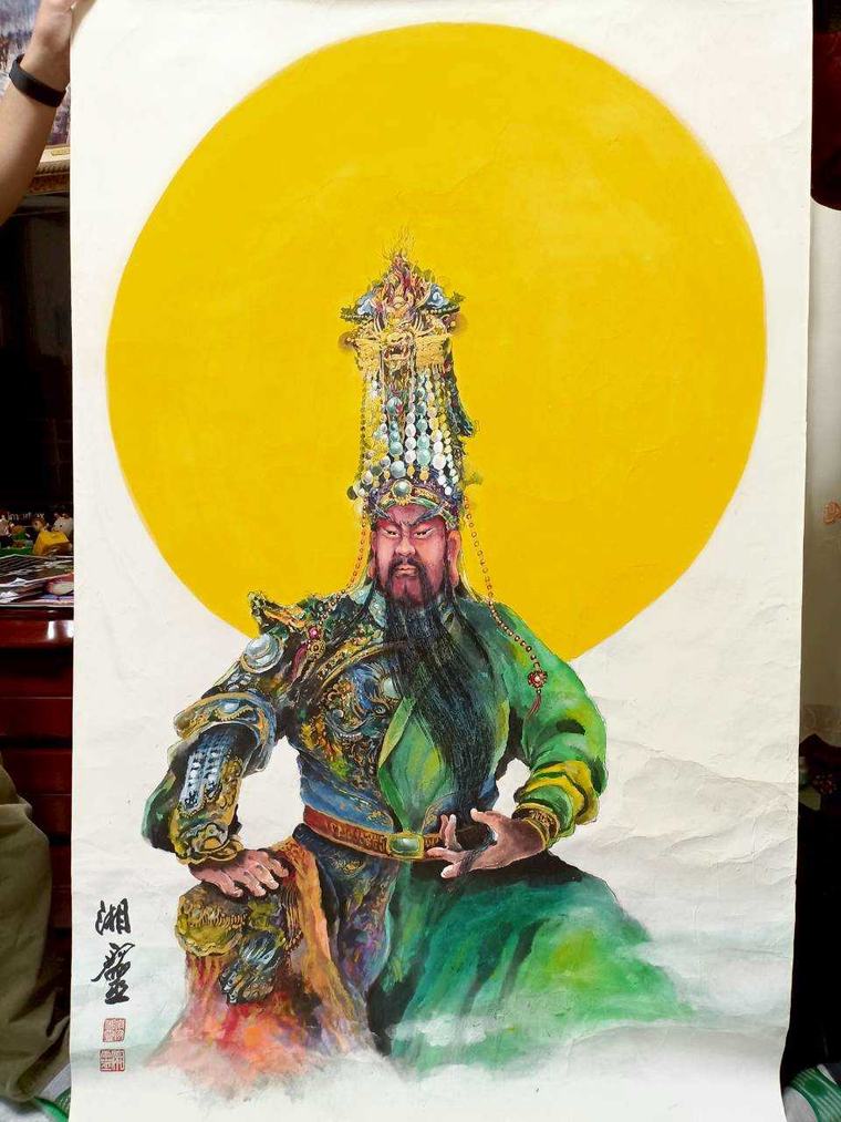 關聖帝君聖像彩繪，背後金色圓光