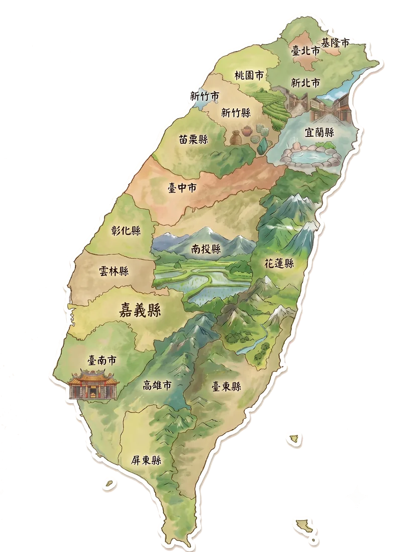 手繪水彩台灣地圖，紅色大頭針為協會服務足跡，點擊可閱讀當地故事